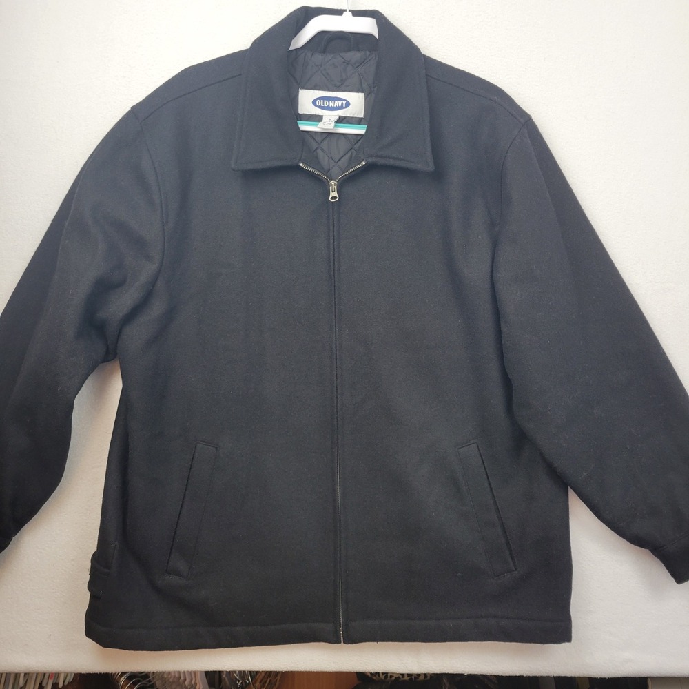 Vintage Old Navy Mens Recycled Wool Jacket Size XL Black Full Zip Y2K Pocket